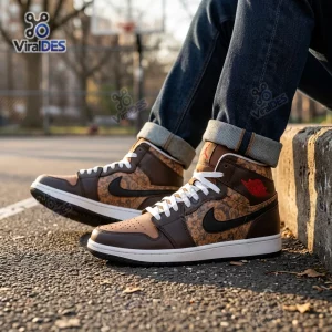 Lifestyle view of brown floral high top sneakers worn outdoors with blue jeans.