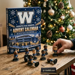 Front view of Winnipeg Blue Bombers Advent Calendar 2026 with miniature figurines on a wooden table.