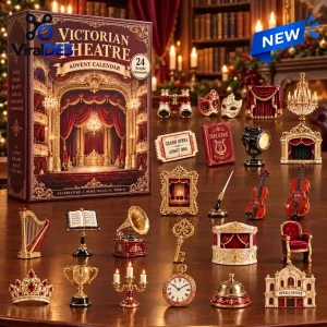 Front view of Victorian Theatre 2026 Advent Calendar box alongside twenty-four miniature theatre-themed acrylic ornaments.