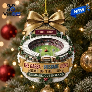 Front view of Brisbane Lions The Gabba Stadium Christmas Ornament hanging on a tree.