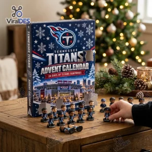 Front view of a Tennessee Titans 2026 Advent Calendar box on a wooden table with miniature player figurines.