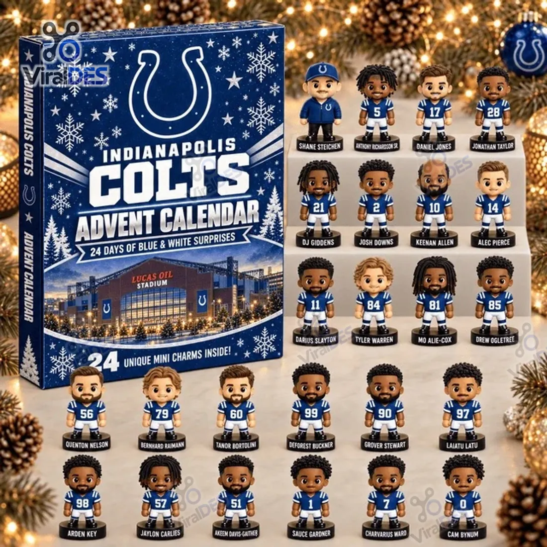 Indianapolis Colts 2026 Advent Calendar box alongside all 24 freestanding 3D miniature player and coach figurines on labeled black circular bases