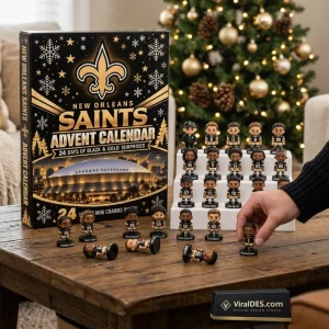 Front view of New Orleans Saints Figurine Advent Calendar with mini football player figures displayed on a wooden table.