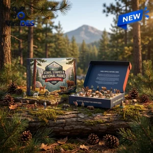 Front view of National Parks Adventure 2026 Advent Calendar boxes with animal miniatures on a forest log.