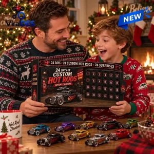 Father and son opening a 24 Days Of Custom Hot Rods Advent Calendar by a fireplace.