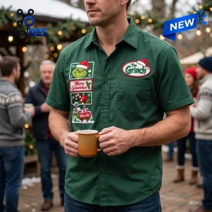 Front view of The Grinch Green Christmas Bowling Hawaiian Shirt worn by a man holding a mug outdoors.