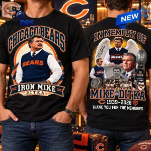 Front and back views of a Chicago Bears Iron Mike Ditka shirt featuring graphic prints and memorial text.