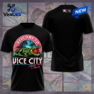 Front and back view of black Grand Theft Auto VI x Miami Heat Shirt with alligator graphic and text.