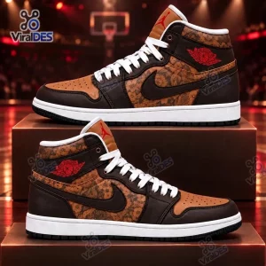 Side view of Brown Floral High Top Air Jordan Sneakers with white laces and dark brown floral panels.
