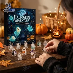 Front view of the Halloween 2026 Ghost Advent Calendar with acrylic charms displayed on a wooden table.