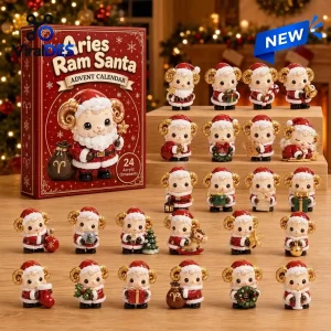 Front view of Aries Ram Santa Advent Calendar 2026 with twenty-four figurine ornaments displayed.