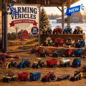 Front view of Farming Vehicles Advent Calendar 2026 box next to 24 miniature acrylic farm vehicle ornaments on wood.
