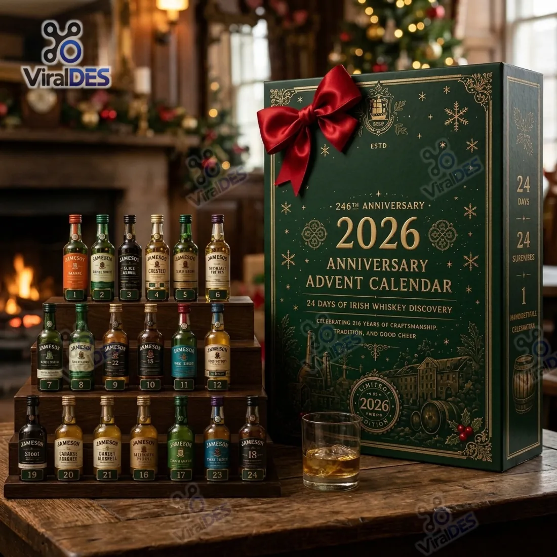 Jameson Irish Whiskey 2026 Anniversary Advent Calendar forest green box and 24 miniature replica whiskey bottles