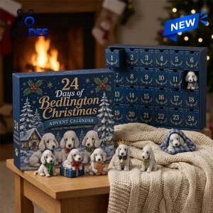 Front view of Bedlington Terrier Christmas Advent Calendar 2026 with numbered drawers and miniature dog figurines.