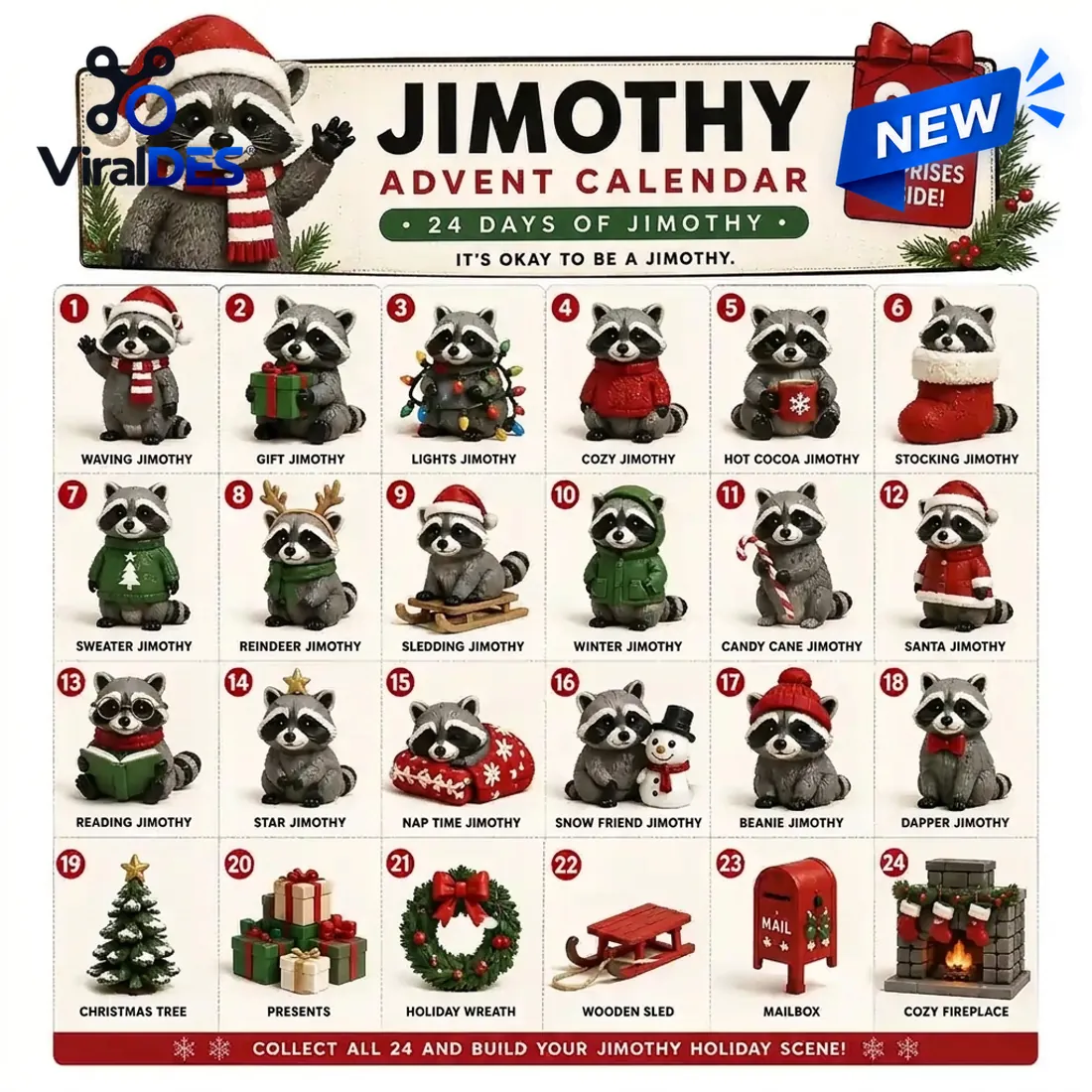 Complete 24-day numbered chart of the Jimothy Raccoon Christmas Advent Calendar showing 18 raccoon poses and 6 holiday props