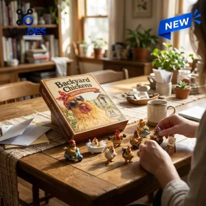 Close-up view of the Backyard Chickens Advent Calendar 2026 box and miniature chicken figurines on a wooden table.