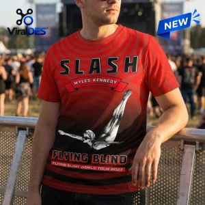 Front view of a red Slash Myles Kennedy World Tour 2027 Shirt featuring a diving figure graphic.