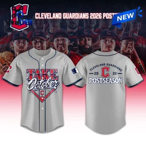 Front and back view of the Cleveland Guardians Take October 2026 Gray Baseball Jersey with red and blue accents.