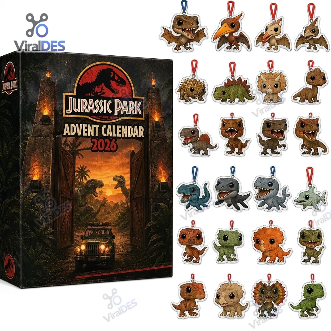Jurassic Park 2026 Dinosaur Advent Calendar box alongside all 24 flat clear-edged acrylic chibi dinosaur hanging ornaments
