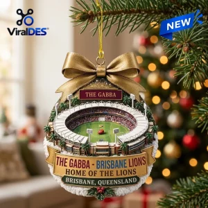 Front view of Brisbane Lions The Gabba Stadium Christmas Ornament hanging on a tree.
