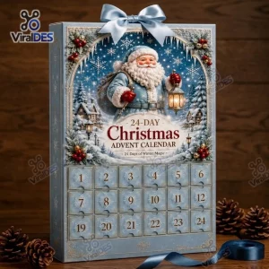 Front view of a blue Santa Claus Snow Globe Advent Calendar featuring numbered doors and a holiday winter scene illustration.