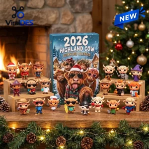 Front view of Highland Cow 2026 Advent Calendar box surrounded by various mini figurines.