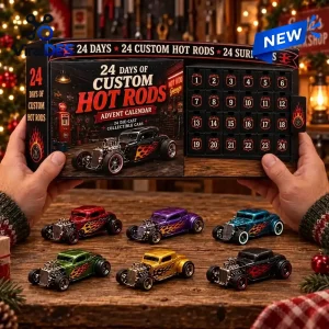 Front view of American Car Legends Advent Calendar 2026 box held up with six diecast hot rod cars displayed in front.