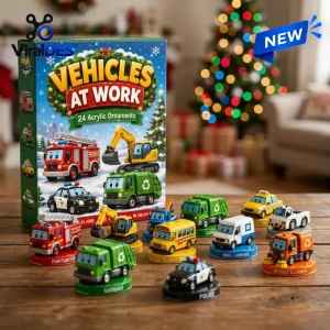 Front view of the Working Vehicles Advent Calendar box displayed with acrylic vehicle ornaments on a wooden table.