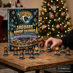 Front view of the Jacksonville Jaguars 2026 Advent Calendar box with miniature figurines on a wooden table.