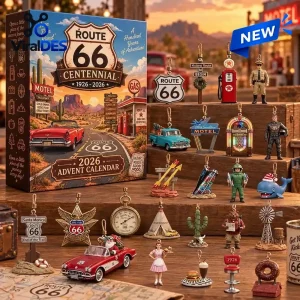 Front view of Route 66 100th Anniversary 2026 Advent Calendar box alongside collectible holiday figurines.