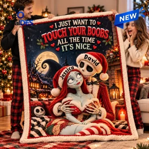 Front view of a personalized Christmas sherpa blanket held by a couple, featuring a skeleton couple illustration and romantic text.