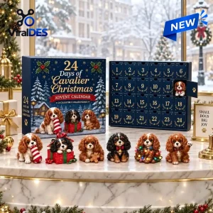 Front view of Cavalier King Charles Spaniel Christmas Advent Calendar with miniature dog figurines.