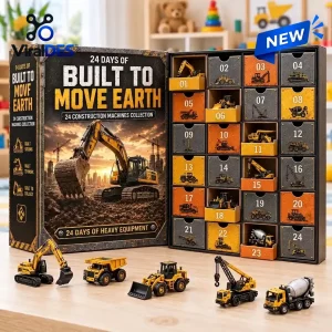 Front view of the 24 Days Of Built To Move Earth Construction Advent Calendar with toys.