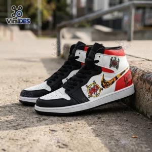 Side view of Slayer Band Air Jordan 1 High Top Sneaker with red, white, and black panels.