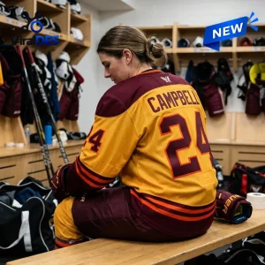 Rear view of PWHL Hamilton 2026 customized hockey jersey worn in a locker room setting.