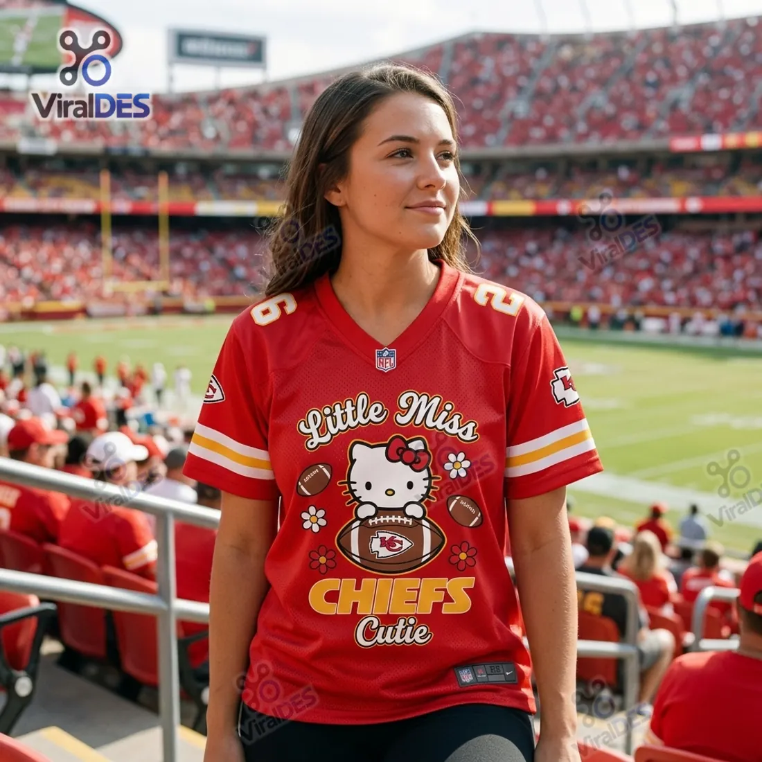 Kansas City Chiefs Hello Kitty Custom Football Jersey worn in stadium stands showing Little Miss Chiefs Cutie front graphic