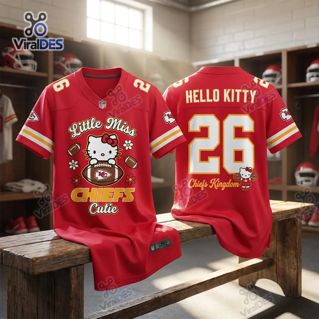 Front and back view of the Kansas City Chiefs Hello Kitty Custom Football Jersey on a wooden locker room bench