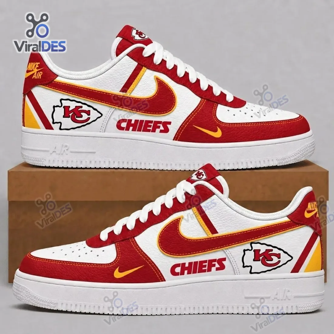 Side profile of the Kansas City Chiefs Nike Air Force 1 Sneakers displaying pebbled red overlays, gold-trimmed Swoosh, CHIEFS wordmark, and lateral heel KC Arrowhead