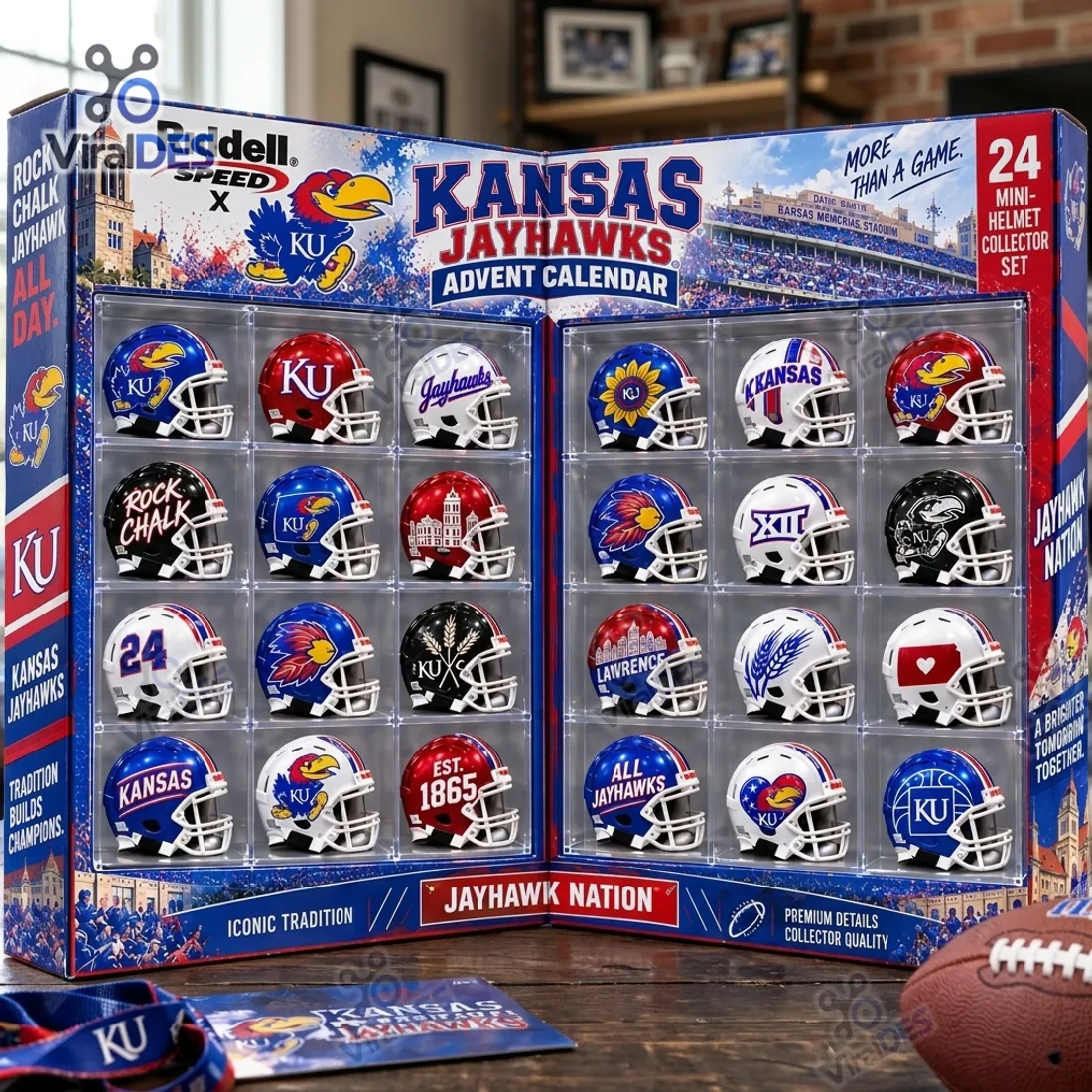 Kansas Jayhawks Riddell Mini Helmet Advent Calendar 2026 bifold collector case displaying 24 miniature 3D KU football helmets