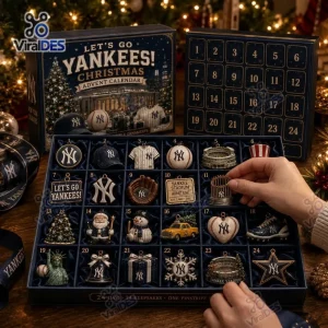 Top view of a New York Yankees Christmas Advent Calendar with twenty-four numbered compartments containing miniature ornaments.