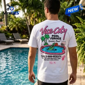 Back view of a Grand Theft Auto VI x Miami Heat White Shirt featuring a Vice City pool graphic.
