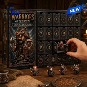 Front view of Warriors Of The North Viking Advent Calendar 2026 with numbered drawers and miniature figures.