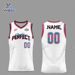 Front and back view of the Dude Perfect Squad Games Tour White Basketball Jersey featuring pink and blue accents.