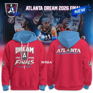 Front and back view of the Atlanta Dream 2026 WNBA Finals Red Hoodie with blue hood and lettering.