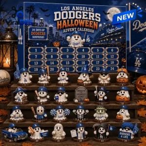 Front view of Los Angeles Dodgers Halloween advent calendar featuring numbered compartments and ghost figurines.