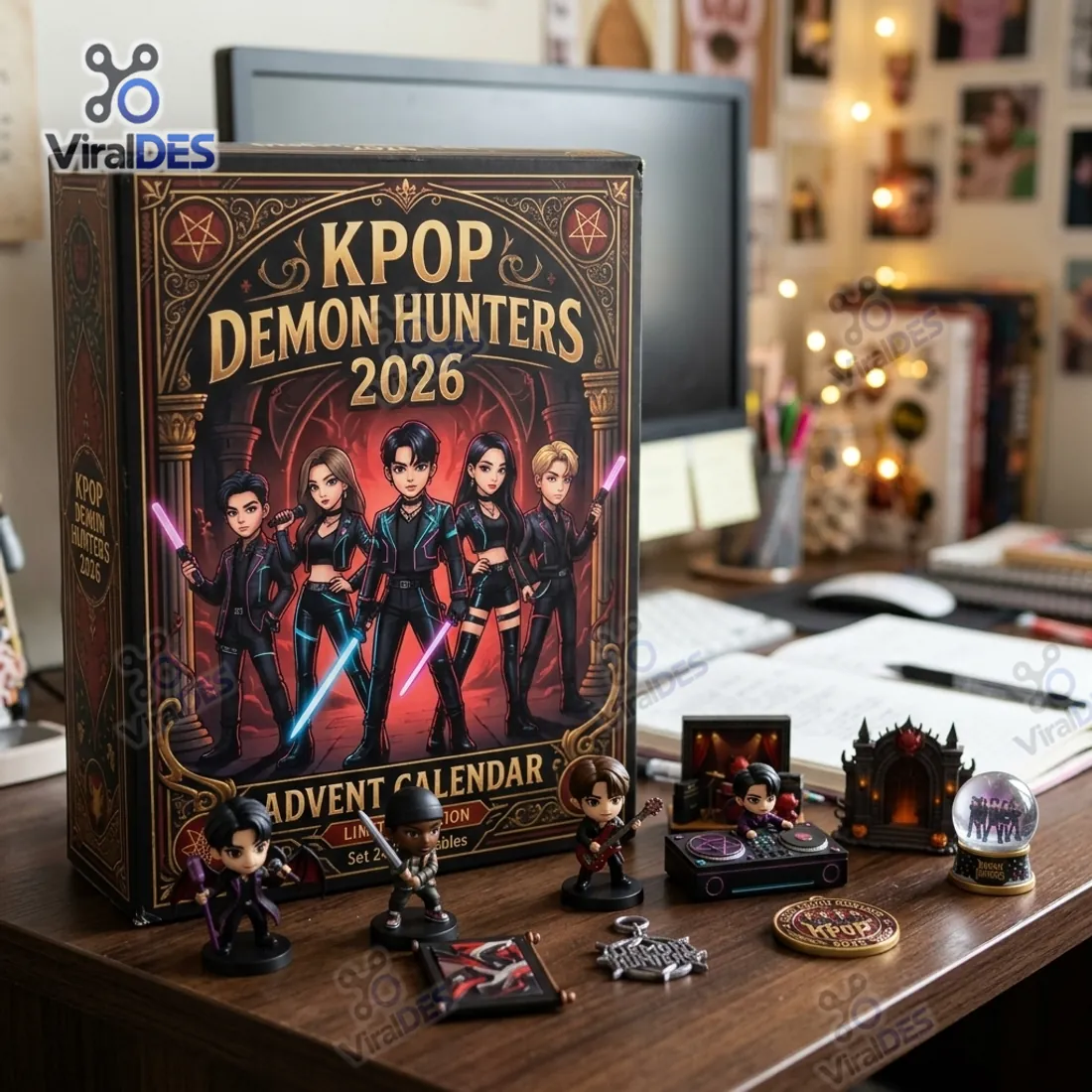 KPOP Demon Hunters 2026 Advent Calendar displayed on a wooden study desk with 3D chibi figurines and stage dioramas