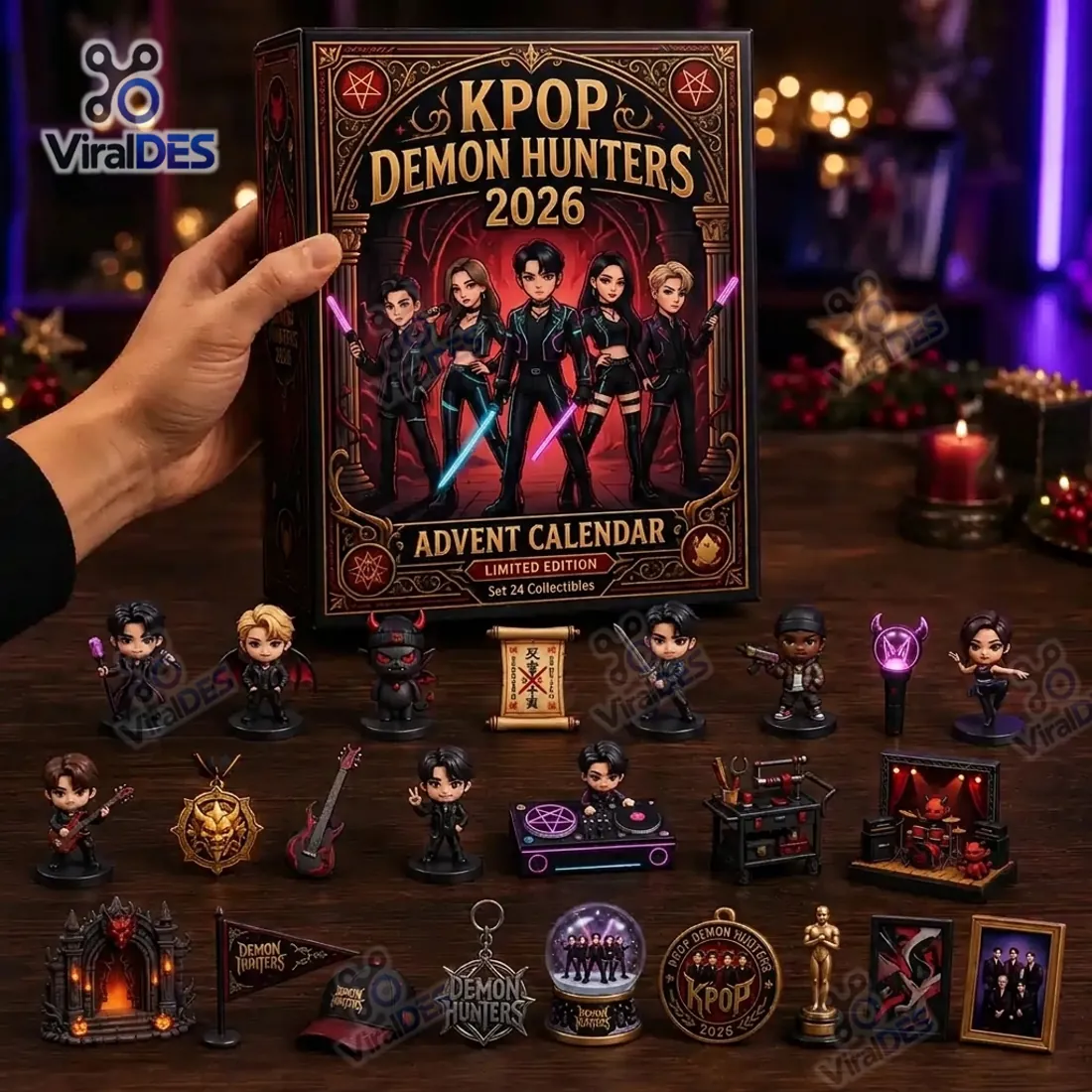 Full 24-piece collectible layout of the KPOP Demon Hunters 2026 Advent Calendar held beside the box