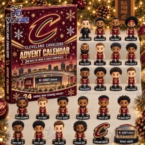 Front view of the Cleveland Cavaliers 2026 Advent Calendar box alongside 24 miniature figurines.