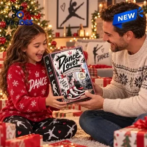 A young girl and a man holding a Dance Lover Advent Calendar in a festive holiday living room setting.