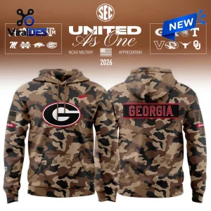 Front and back view of the Georgia Bulldogs 2026 Military Appreciation Camo Hoodie with brown camouflage pattern.